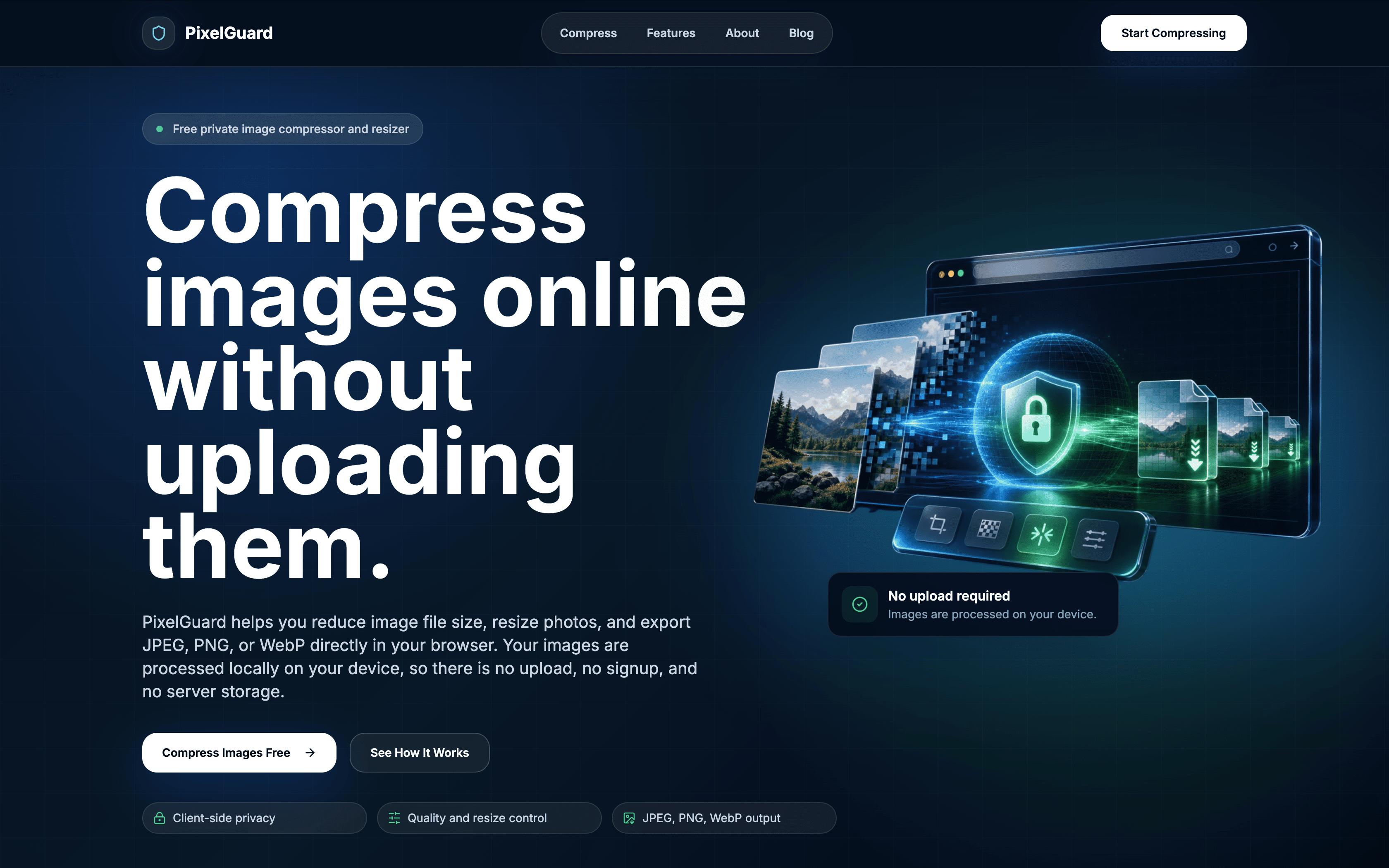 PixelGuard browser-based image optimization product screenshot
